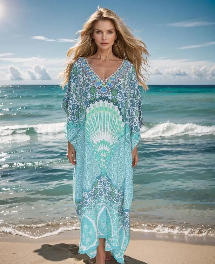 Long Silk Embellished Kaftan- Eden