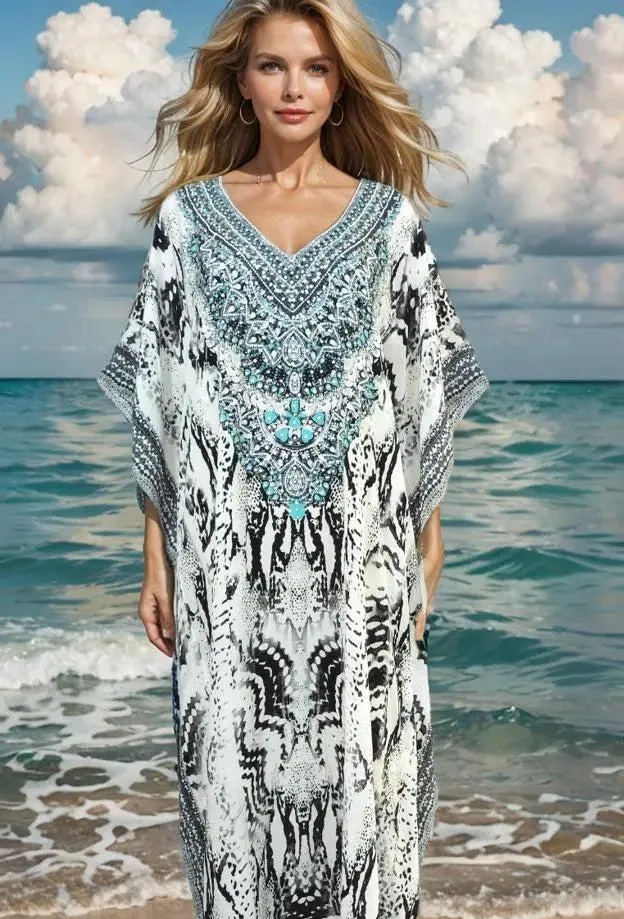 Long Silk Embellished Kaftan- Tribal