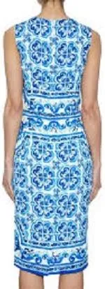 'Majolica' Tile Printed Pencil Dress in Blue & White