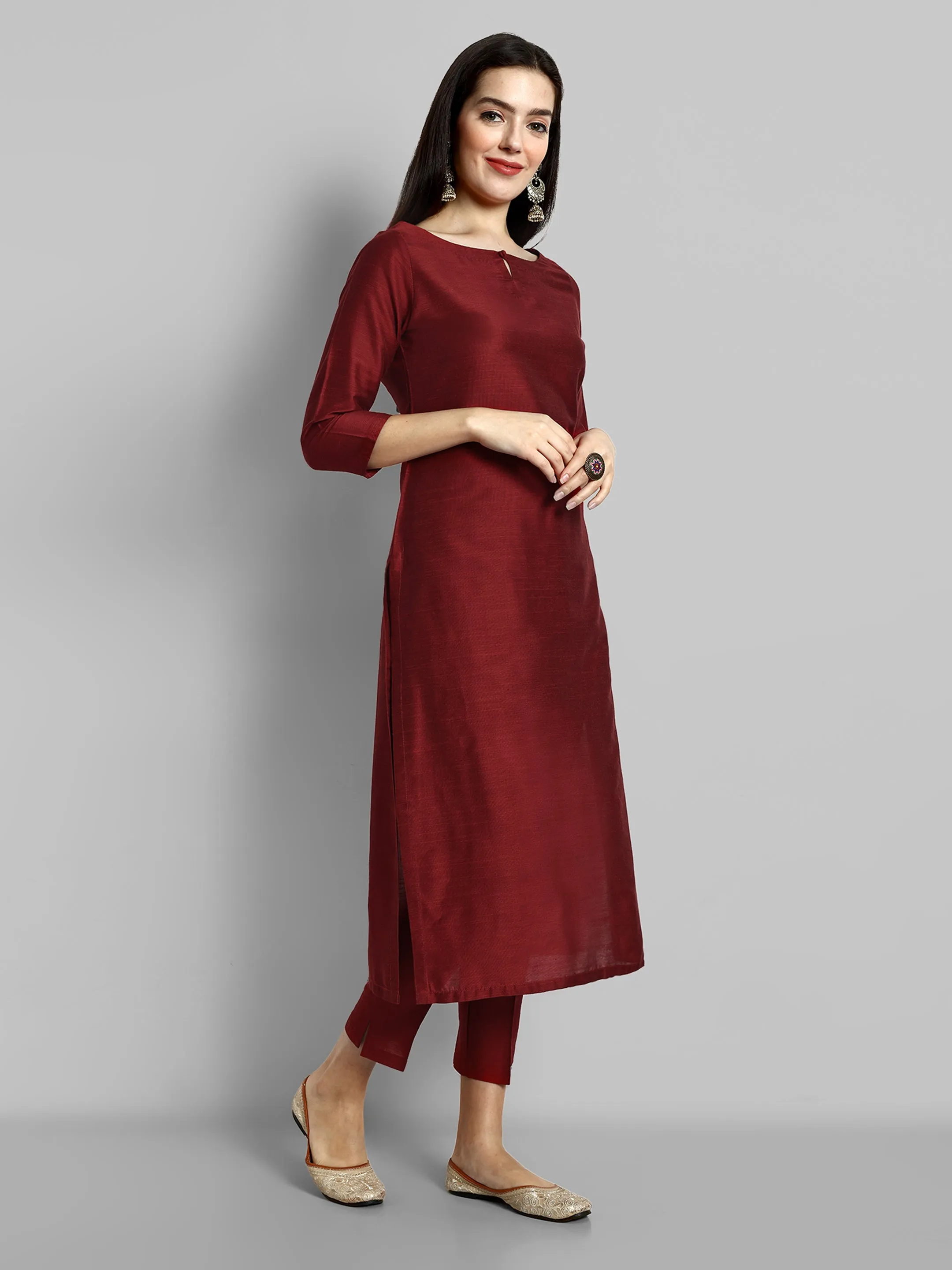 Maroon Boat Neck kurta with elasticated Pant - Set of 2