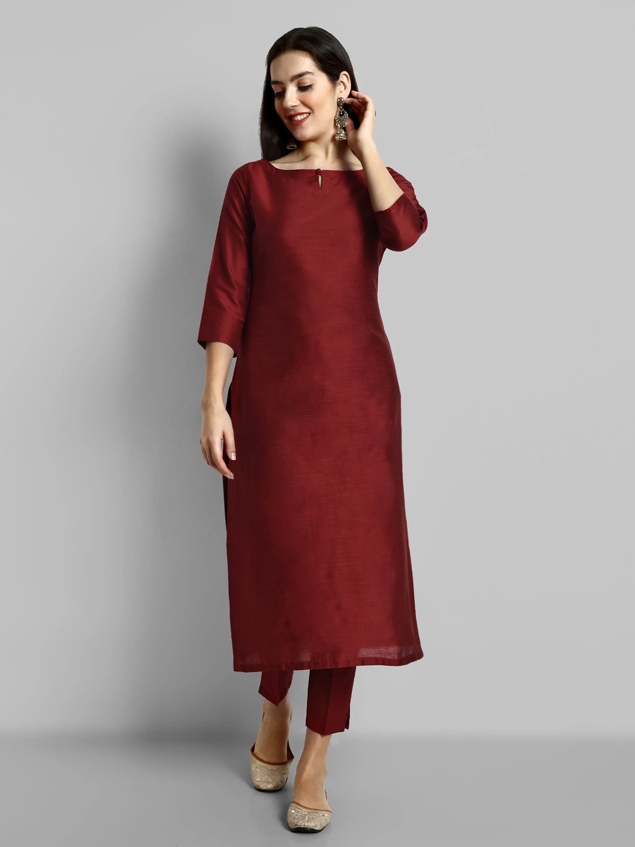 Maroon Boat Neck kurta with elasticated Pant - Set of 2