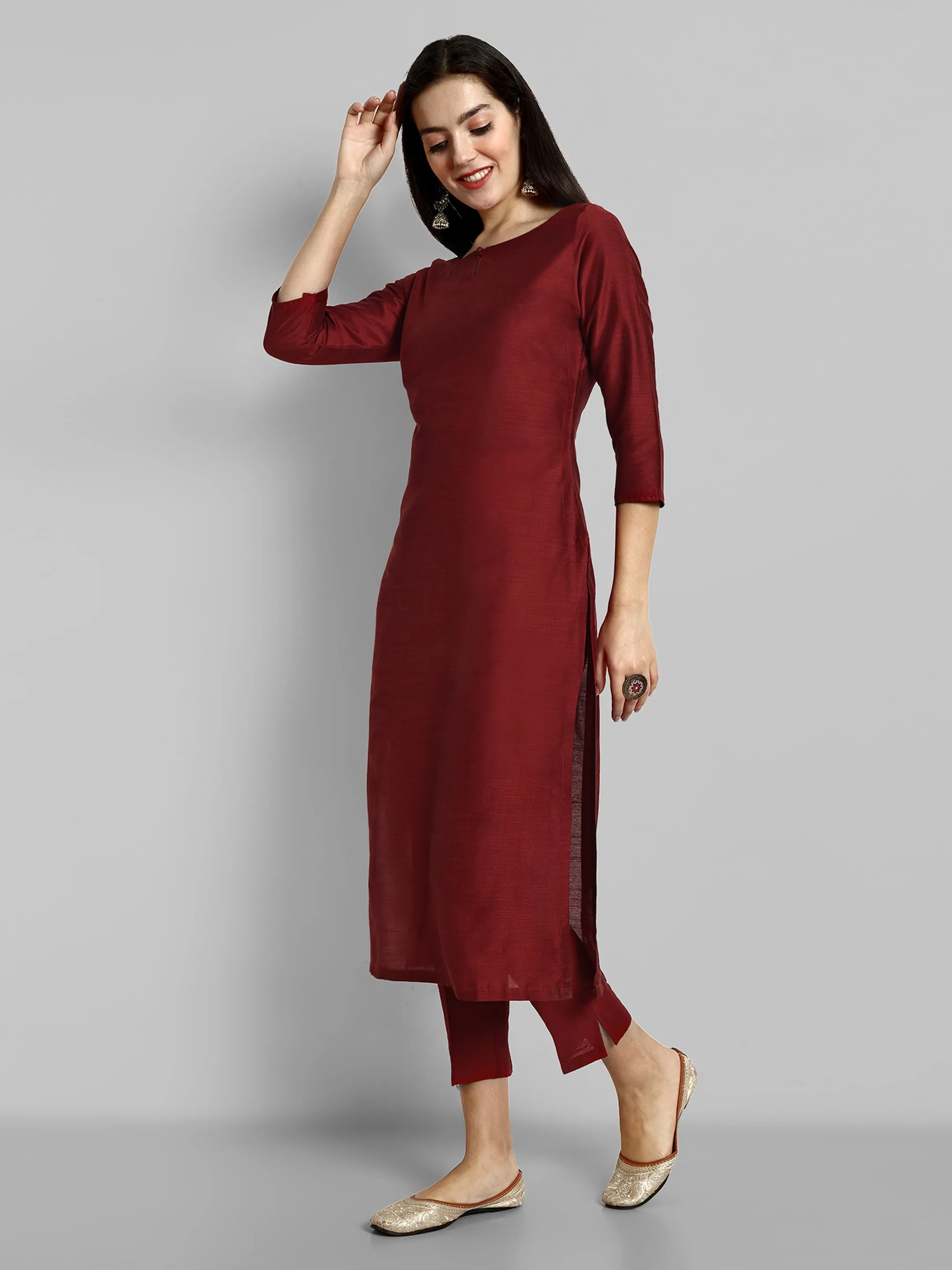 Maroon Boat Neck kurta with elasticated Pant - Set of 2