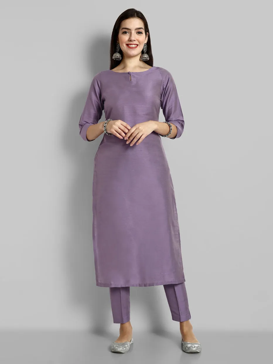 Mouve Cotton Silk Boat Neck Key Hole Kurta