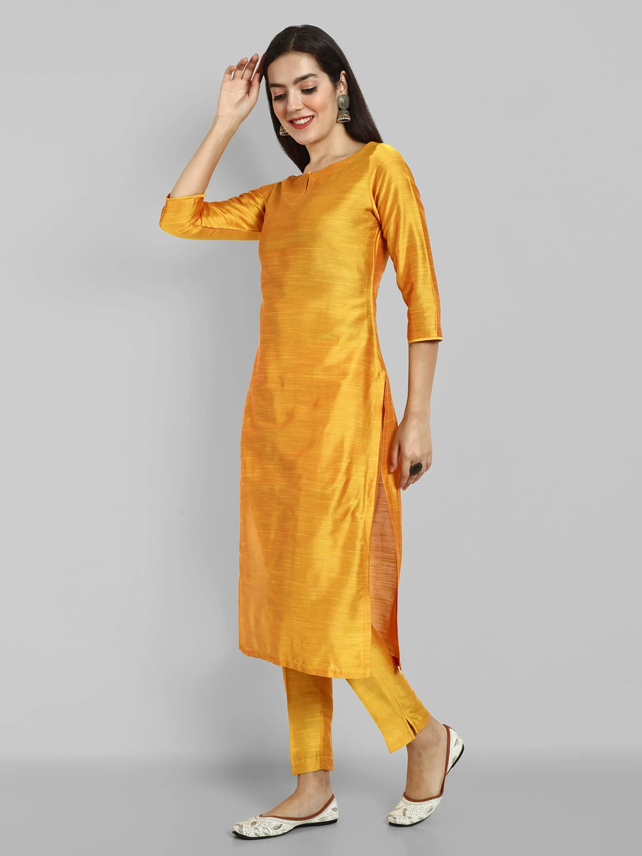 Mustard Boat Neck Kurta with Elasticated Pant - Set of 2