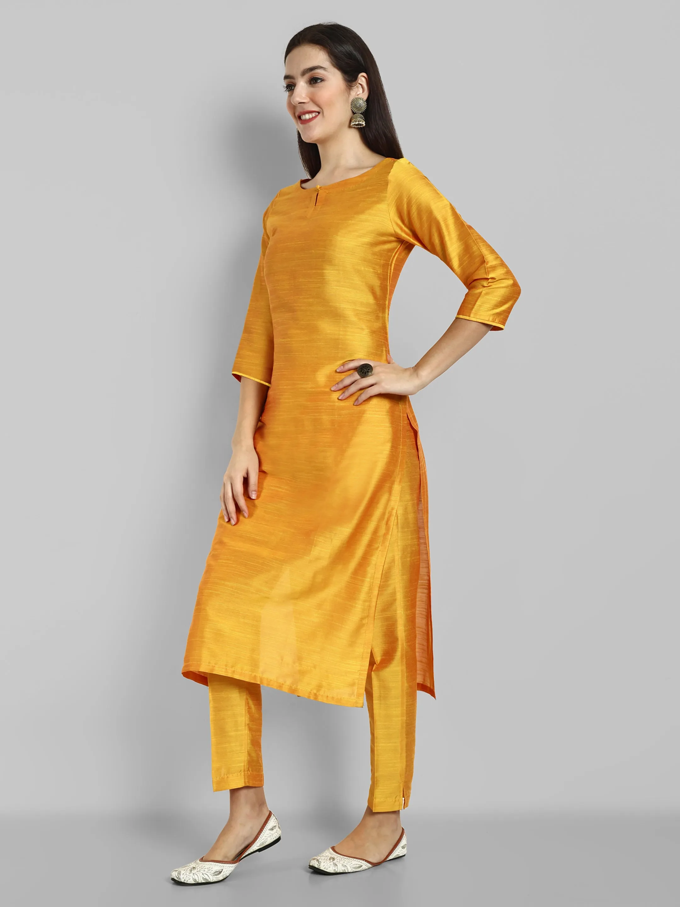 Mustard Boat Neck Kurta with Elasticated Pant - Set of 2