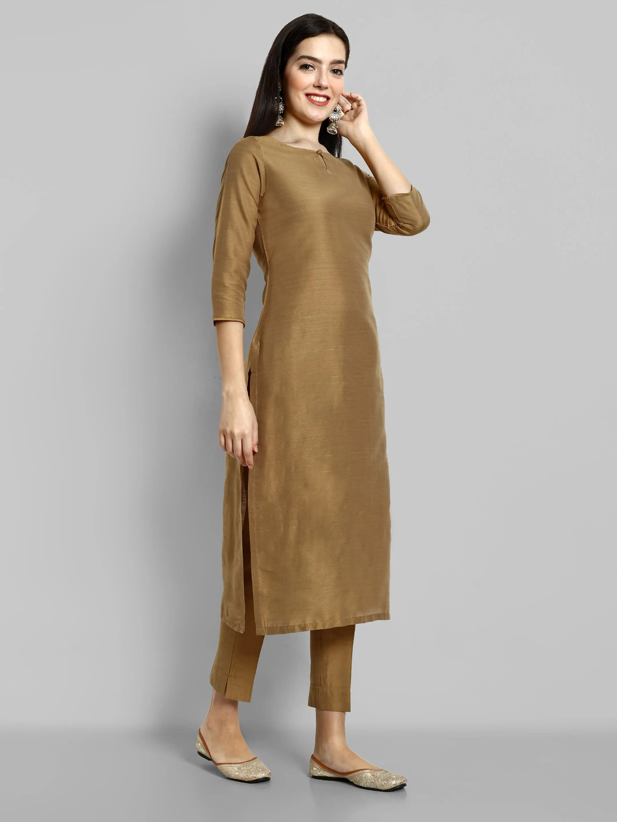 Old Gold Boat Neck Kurta with Elasticated Pant - Set of 2