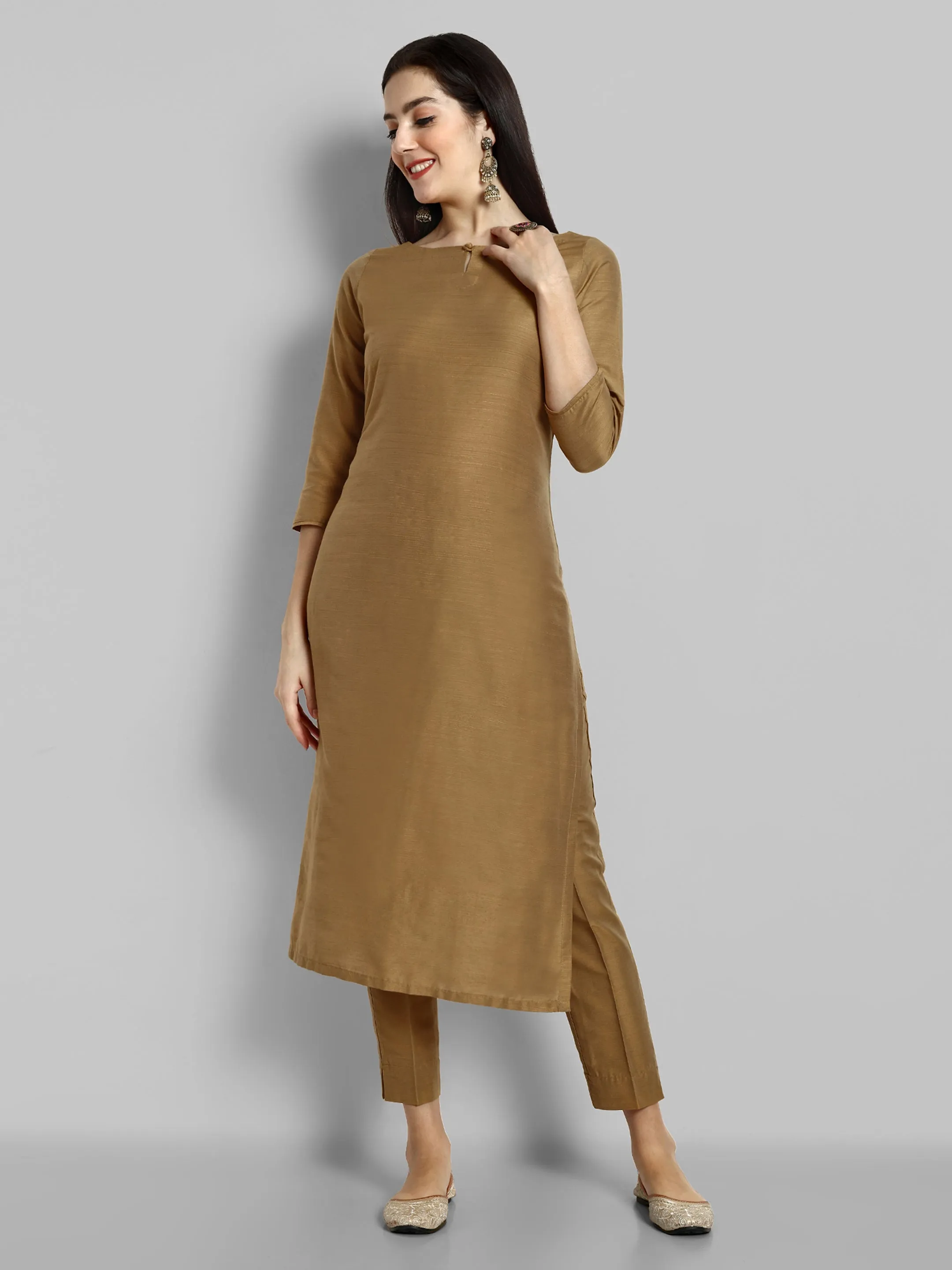 Old Gold Boat Neck Kurta with Elasticated Pant - Set of 2