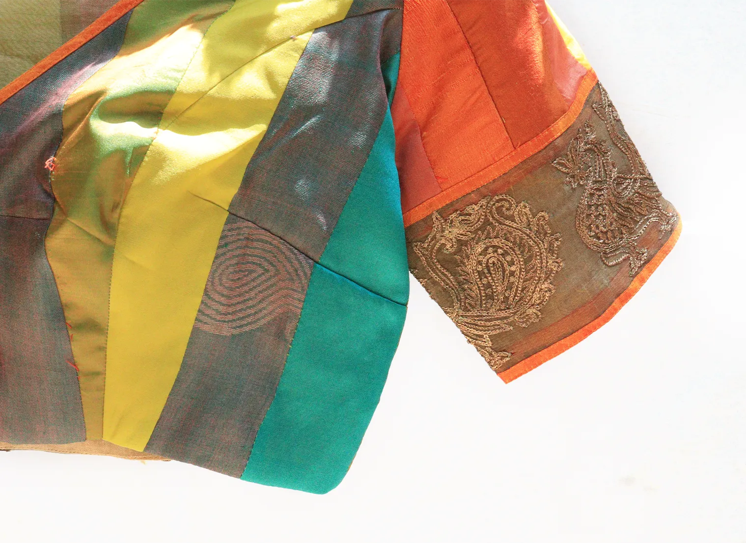 Orange, Lemon yellow and Green, Karnataka silk, Hand Embroidery, Patchwork blouse