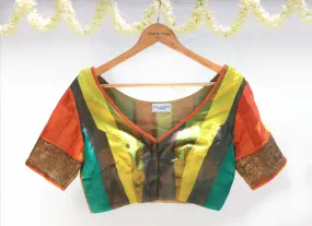 Orange, Lemon yellow and Green, Karnataka silk, Hand Embroidery, Patchwork blouse