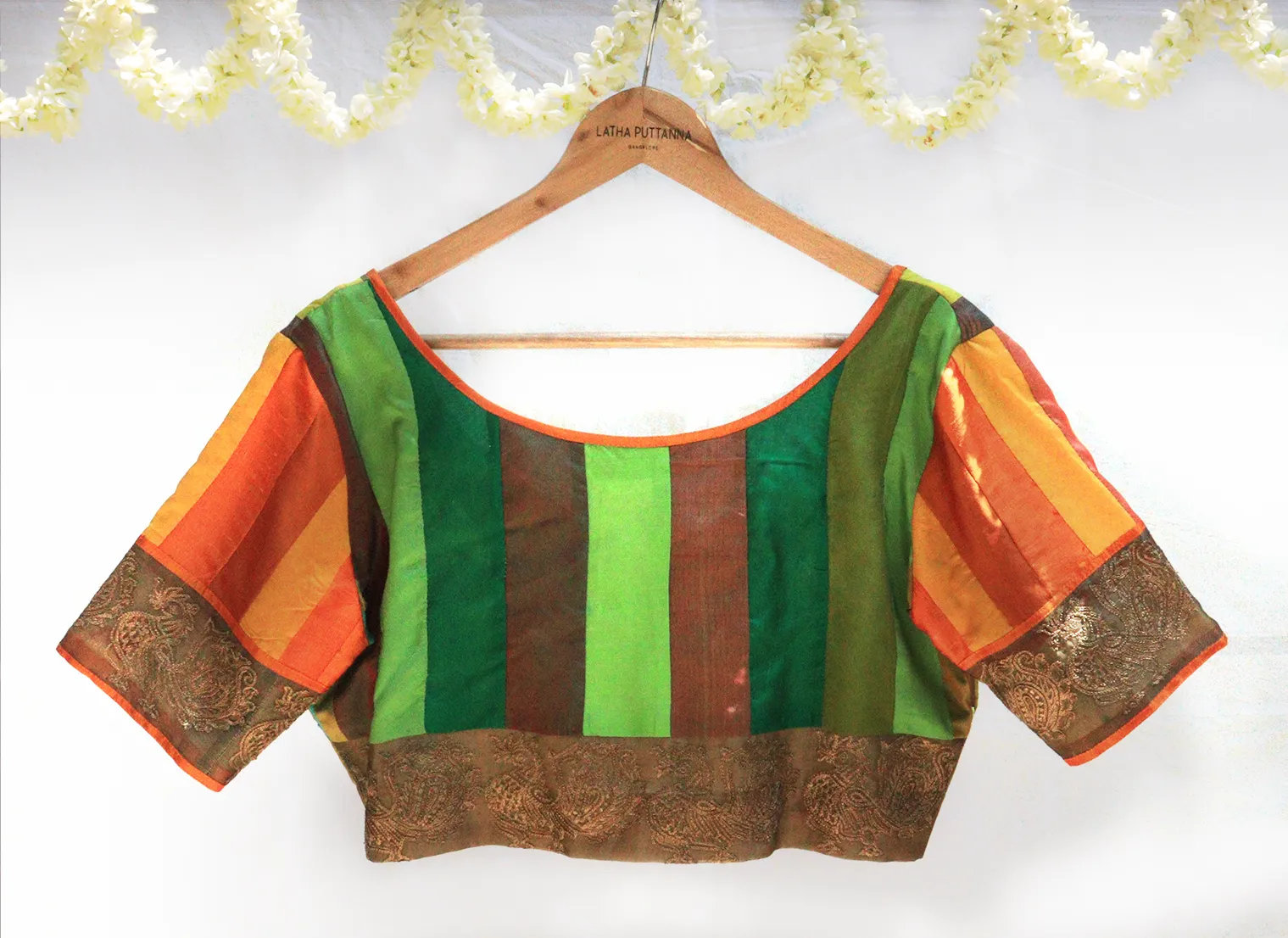 Orange, Lemon yellow and Green, Karnataka silk, Hand Embroidery, Patchwork blouse