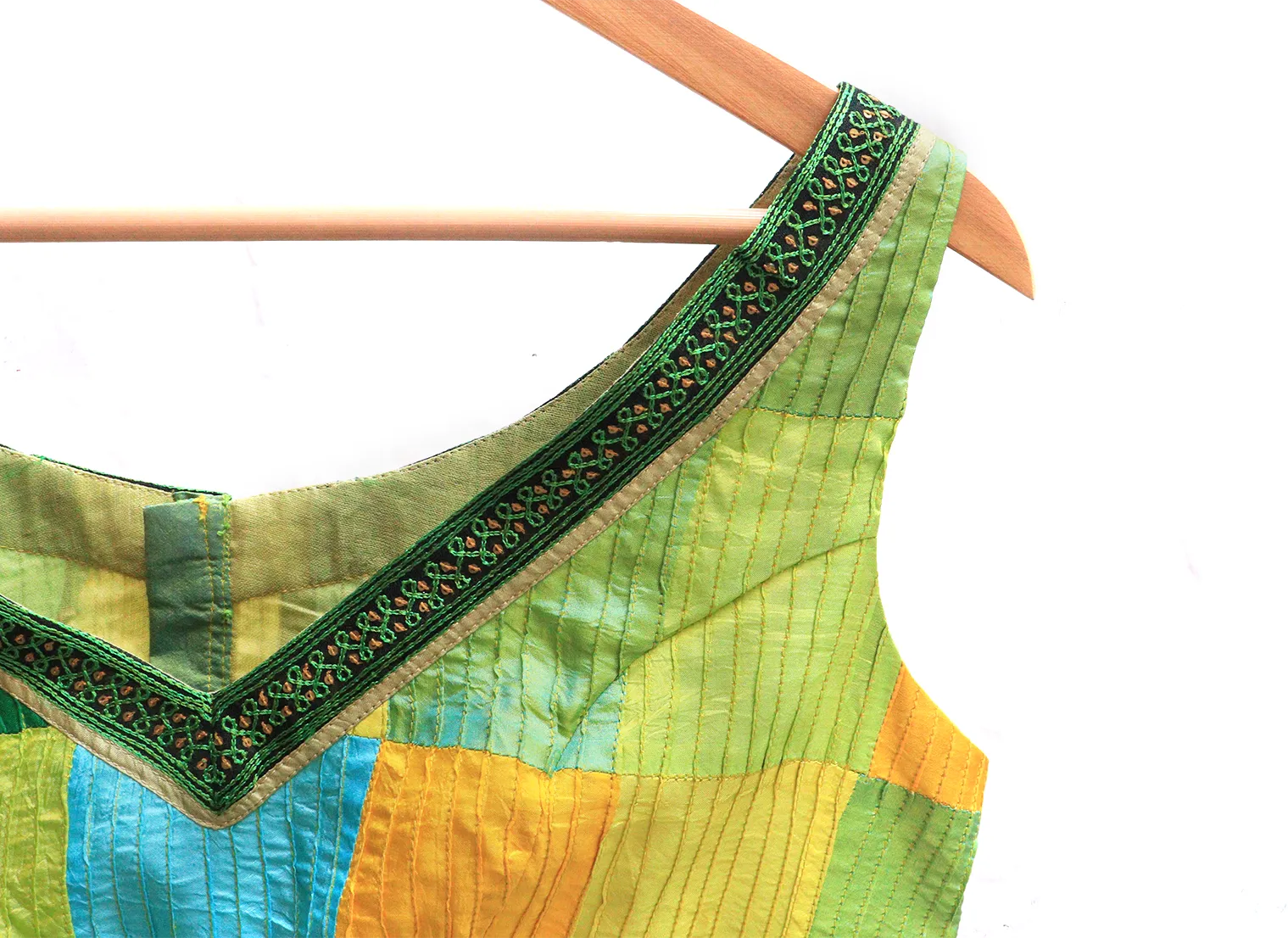 Parrot green,yellow and darK green,Karnataka silk Hand embroidery,Pintuck blouse