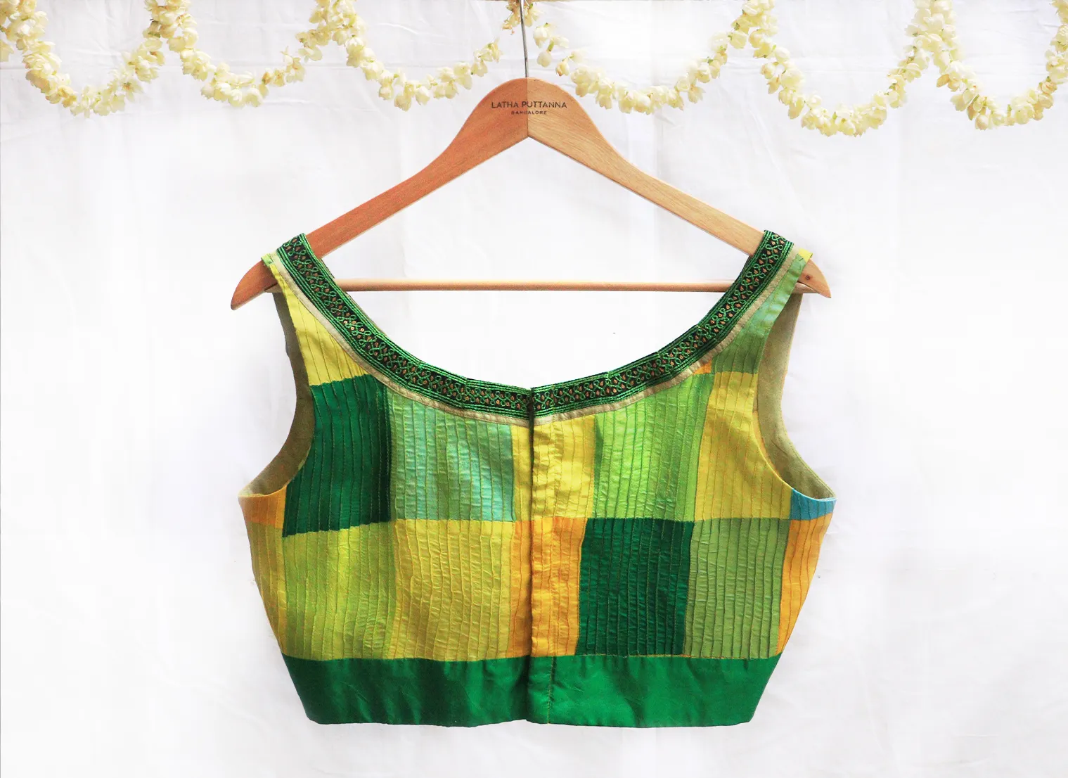 Parrot green,yellow and darK green,Karnataka silk Hand embroidery,Pintuck blouse