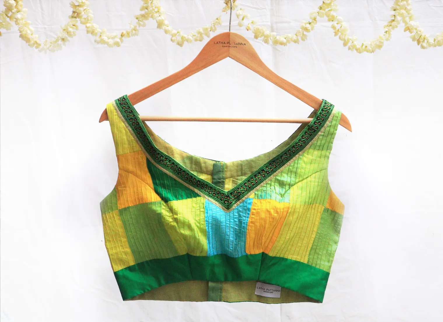 Parrot green,yellow and darK green,Karnataka silk Hand embroidery,Pintuck blouse