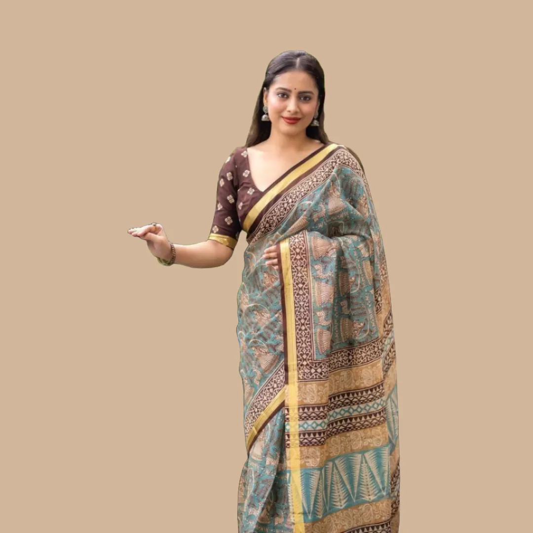 Printed Kota Silk Blue Party wear Women's Saree