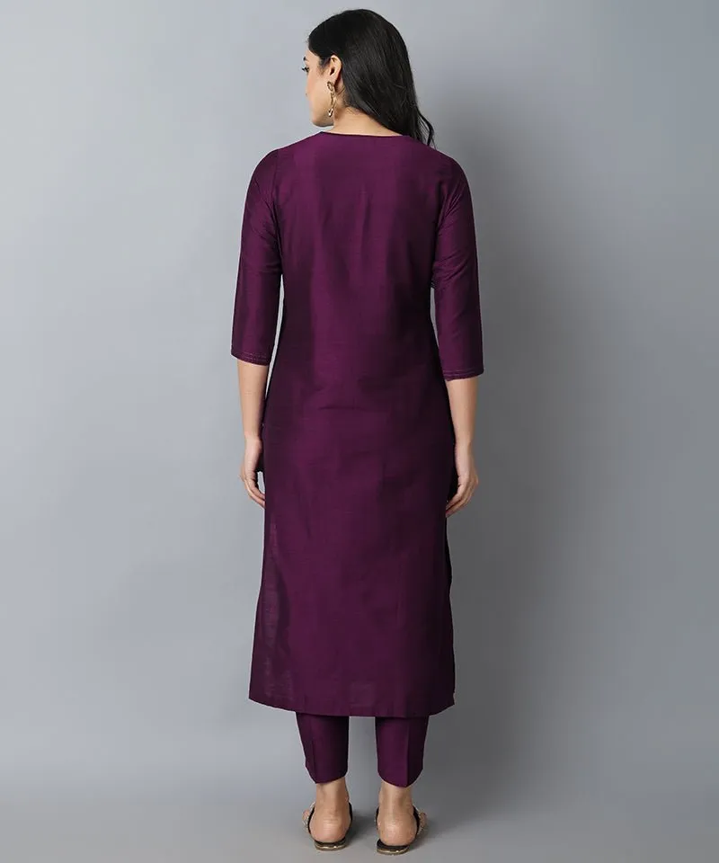 Purple Silk Sonapani Kurta Pants Set