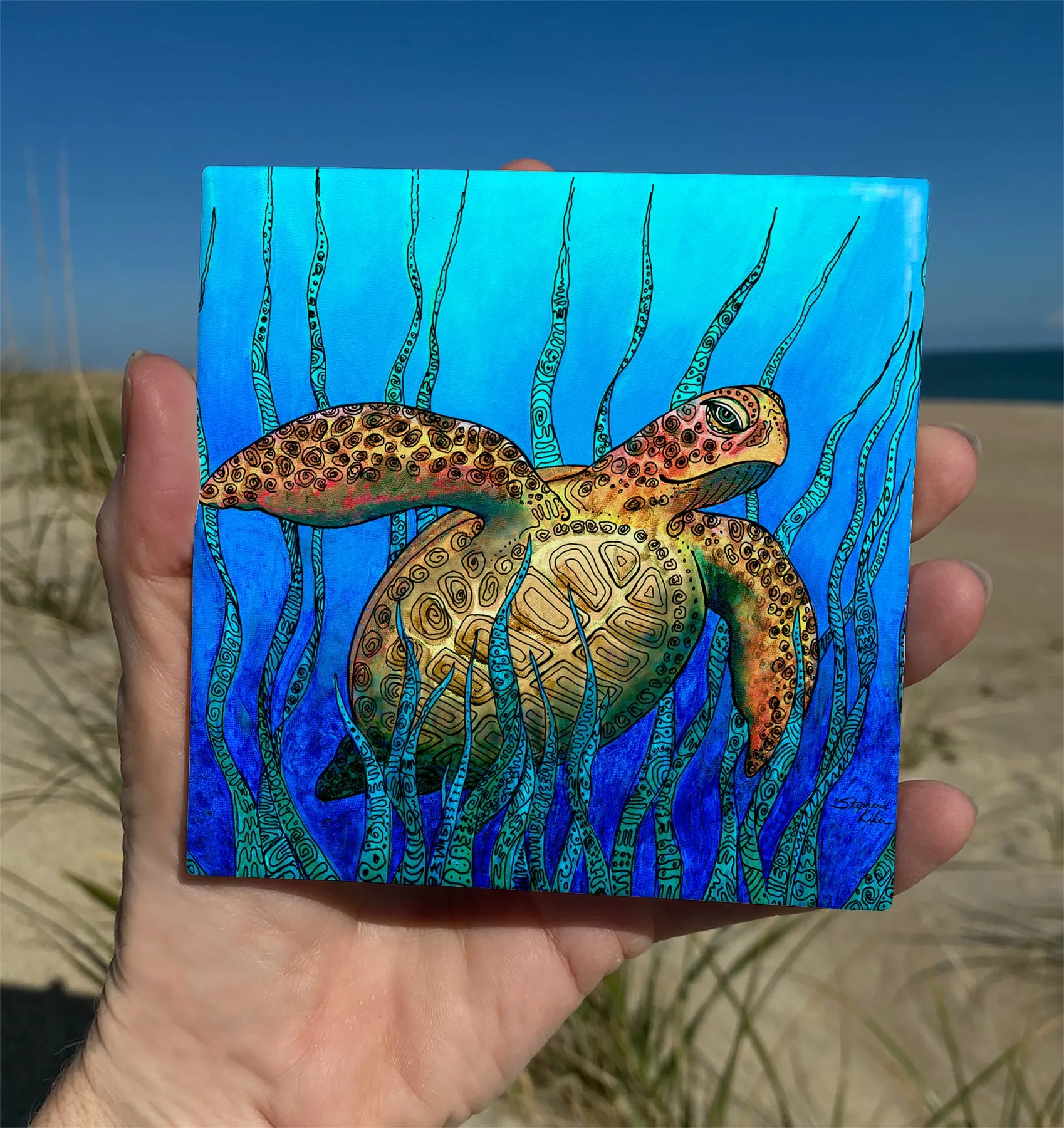 Sea Grass Turtle Ceramic Tile