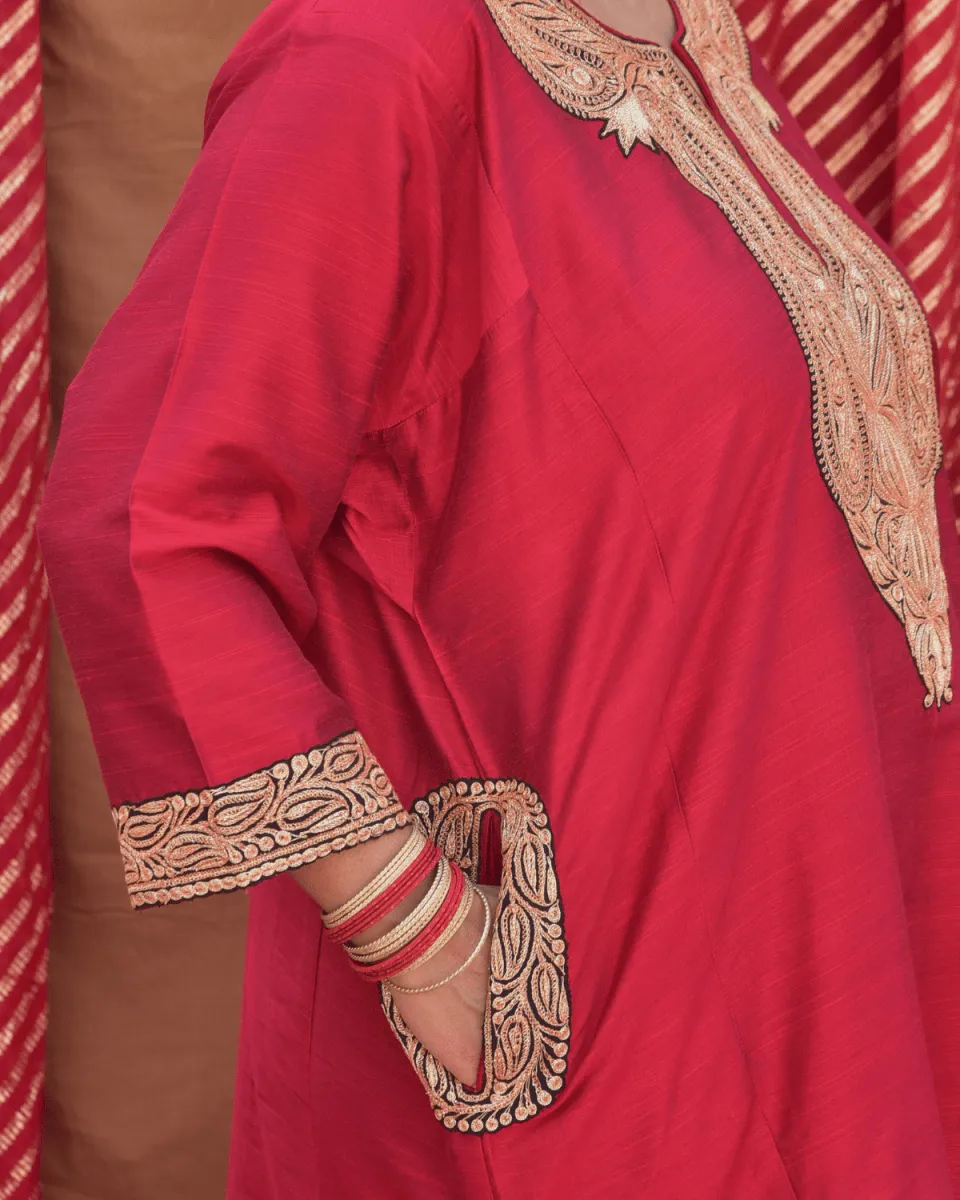 Silk Red Phiran with Gold Tilla Embroidery