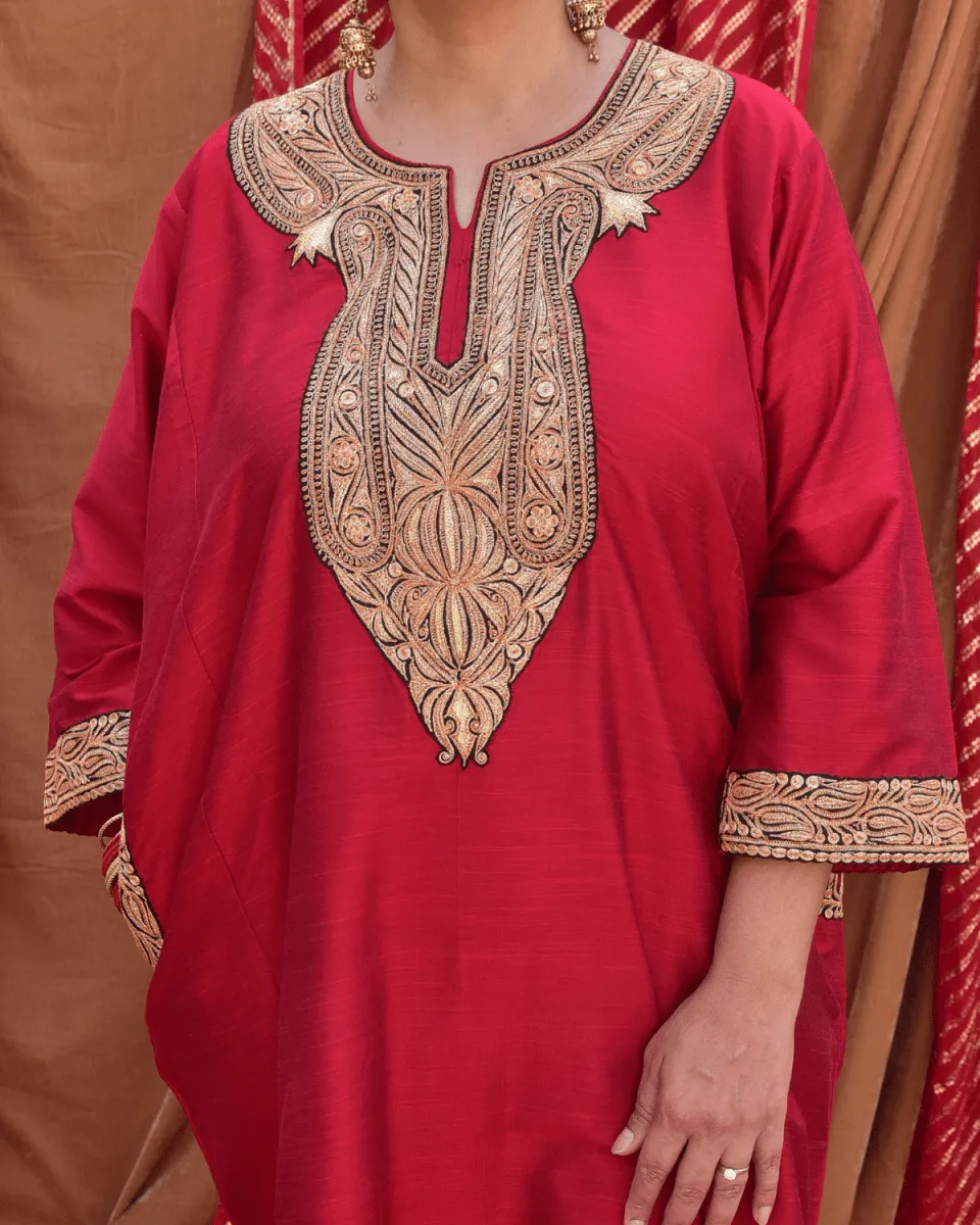 Silk Red Phiran with Gold Tilla Embroidery