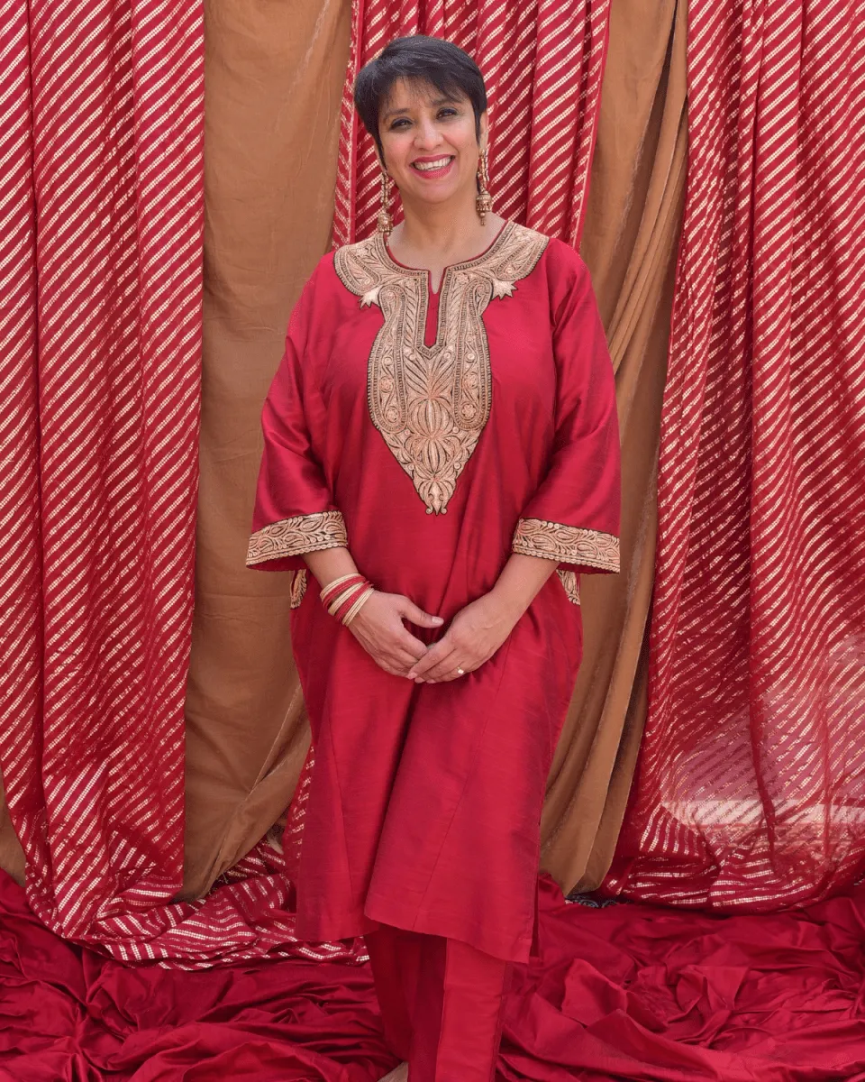 Silk Red Phiran with Gold Tilla Embroidery