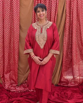 Silk Red Phiran with Gold Tilla Embroidery