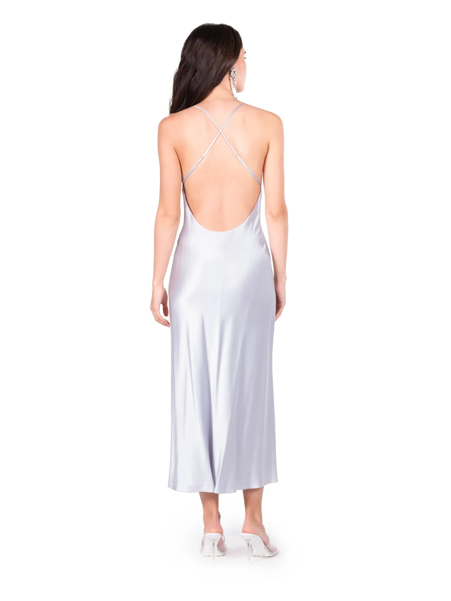 Silver Blue Open Back Cross Strap Midi Slip Dress