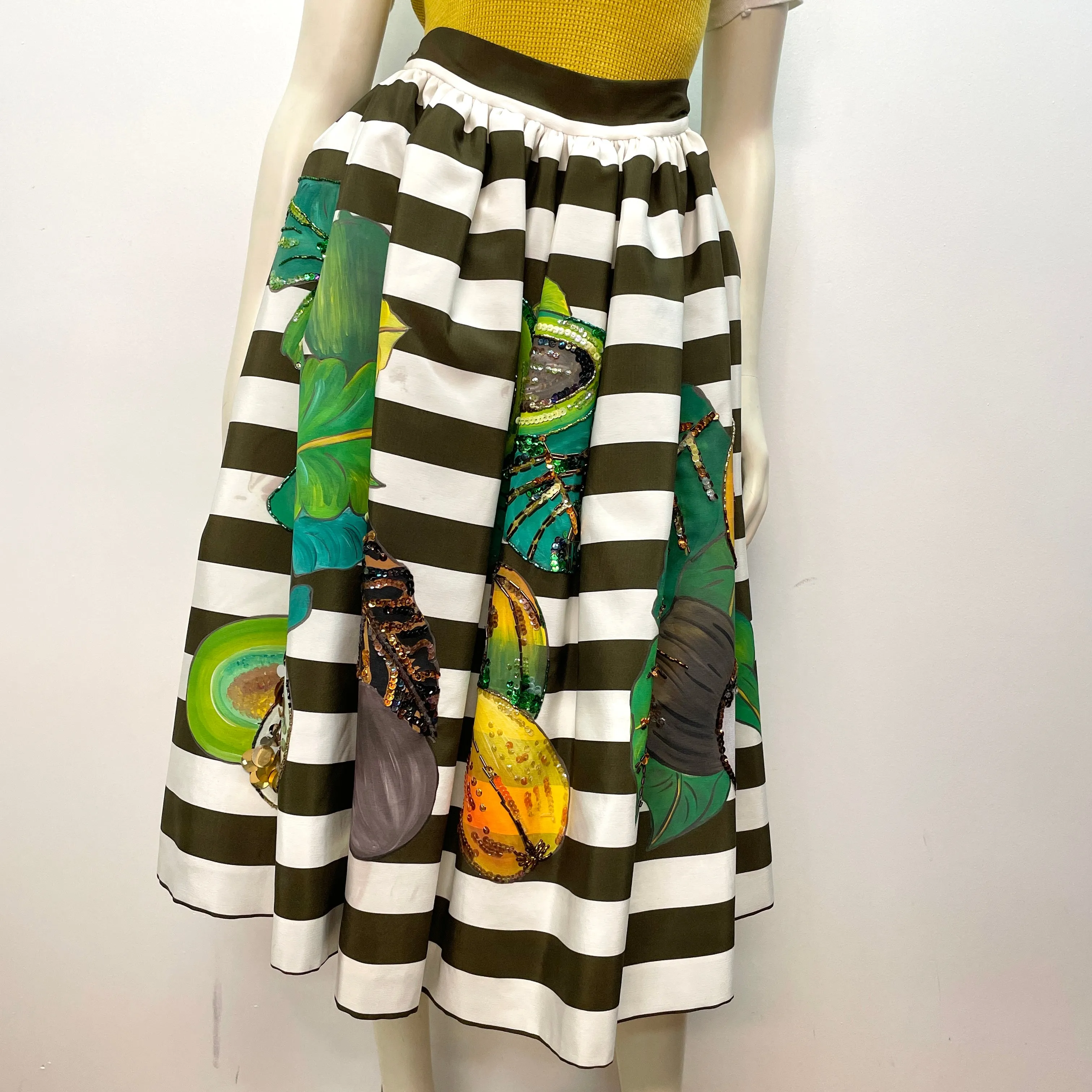 Stella Jean Spring '14 Vintage Designer Silk Striped Skirt with Hand Painted & Beaded Fruit Motif Made in Italy Size 28"