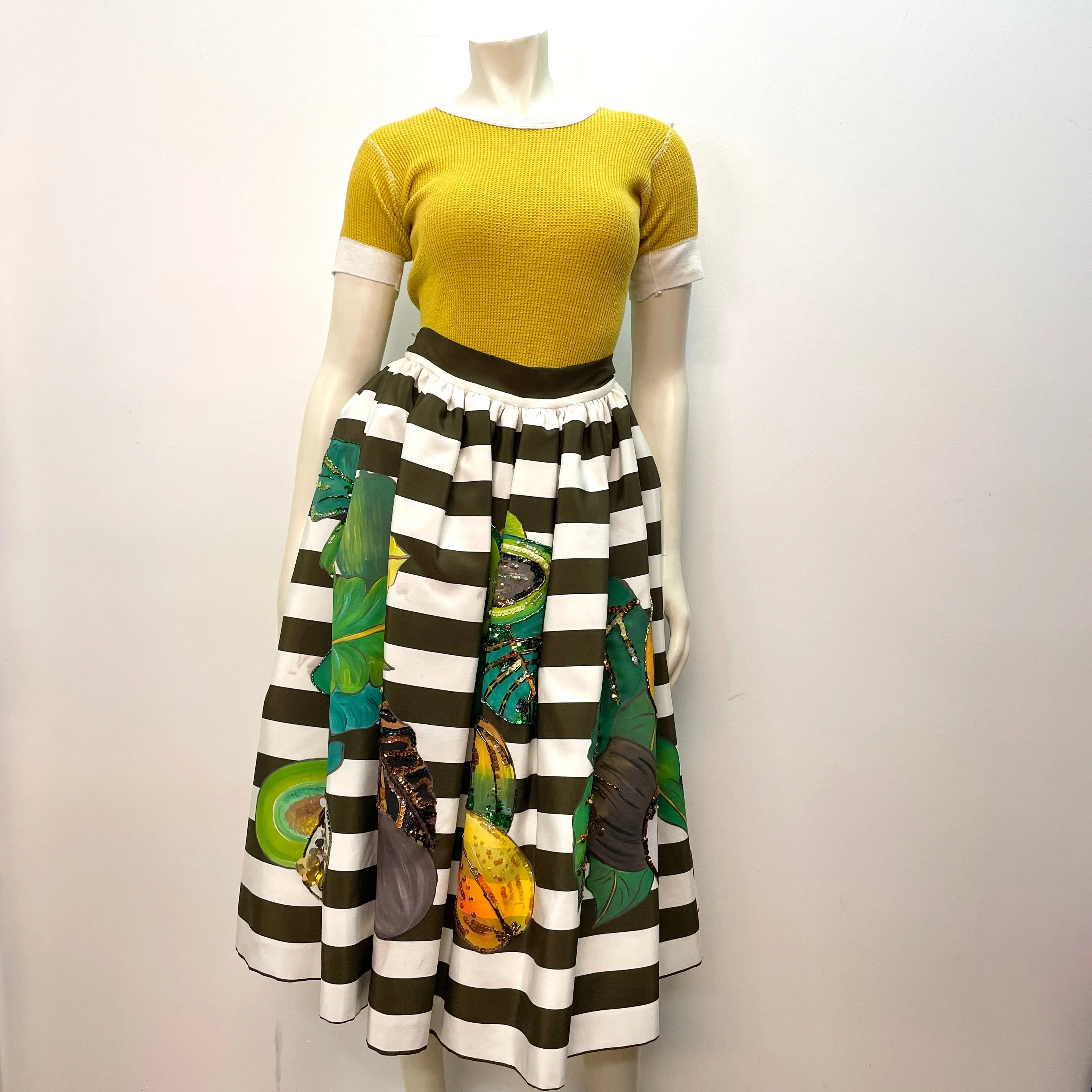 Stella Jean Spring '14 Vintage Designer Silk Striped Skirt with Hand Painted & Beaded Fruit Motif Made in Italy Size 28"