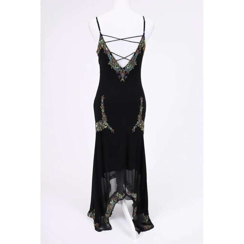 SUE WONG Black Beaded Silk Chiffon Slip Dress | Size M