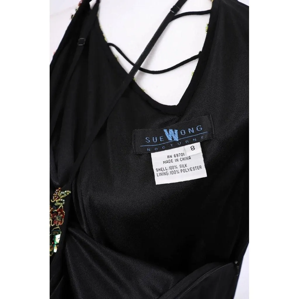 SUE WONG Black Beaded Silk Chiffon Slip Dress | Size M