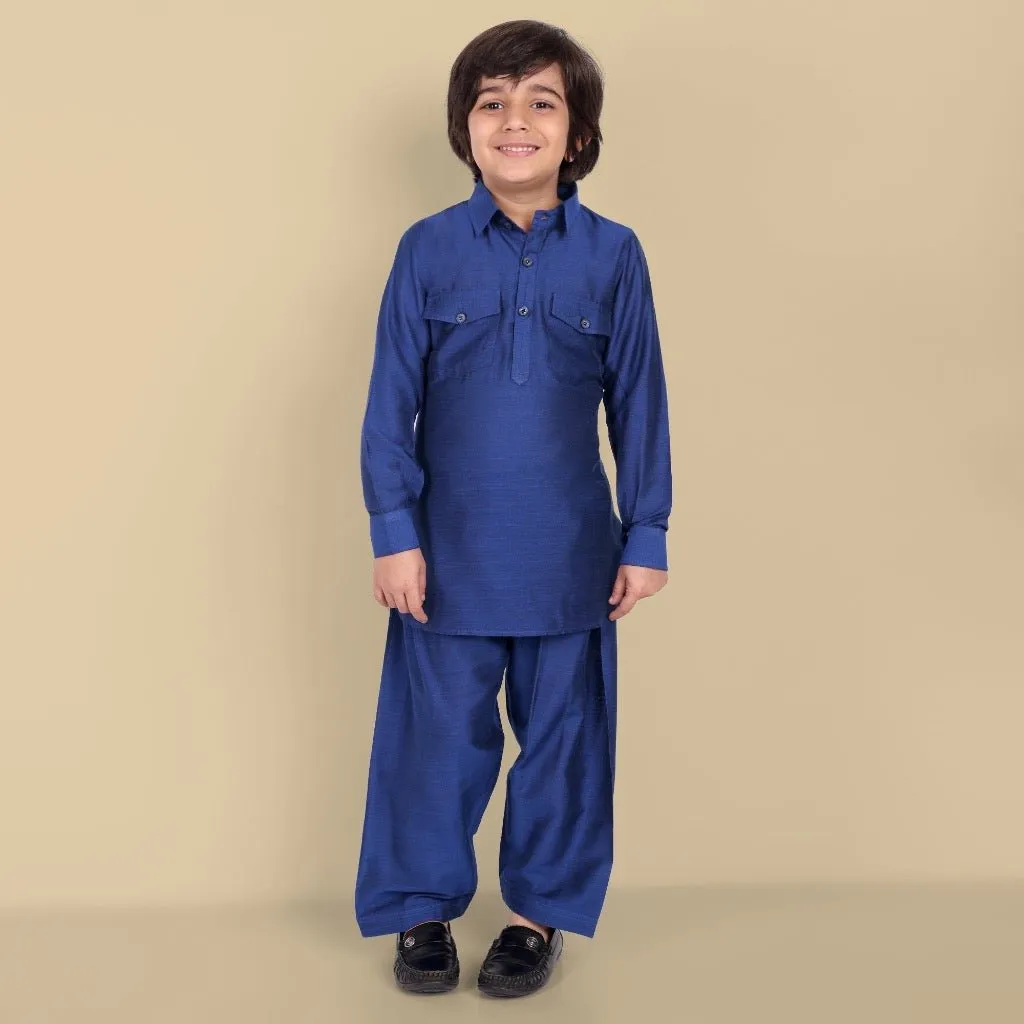 Textured Cotton Silk Ink Blue Pathani - Set of 2