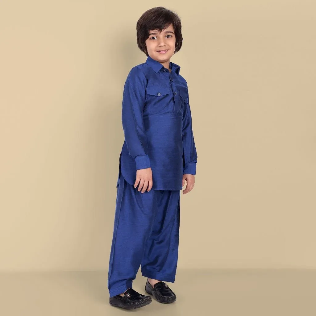 Textured Cotton Silk Ink Blue Pathani - Set of 2