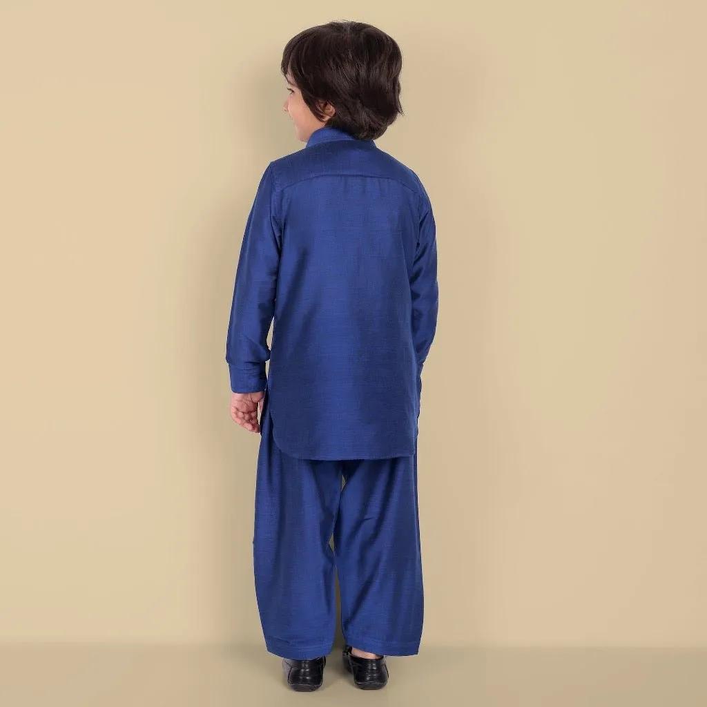 Textured Cotton Silk Ink Blue Pathani - Set of 2