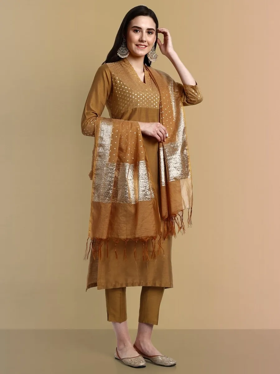 V neck Gold Cotton Silk and Chanderi Kurta & Pant - Set of 3