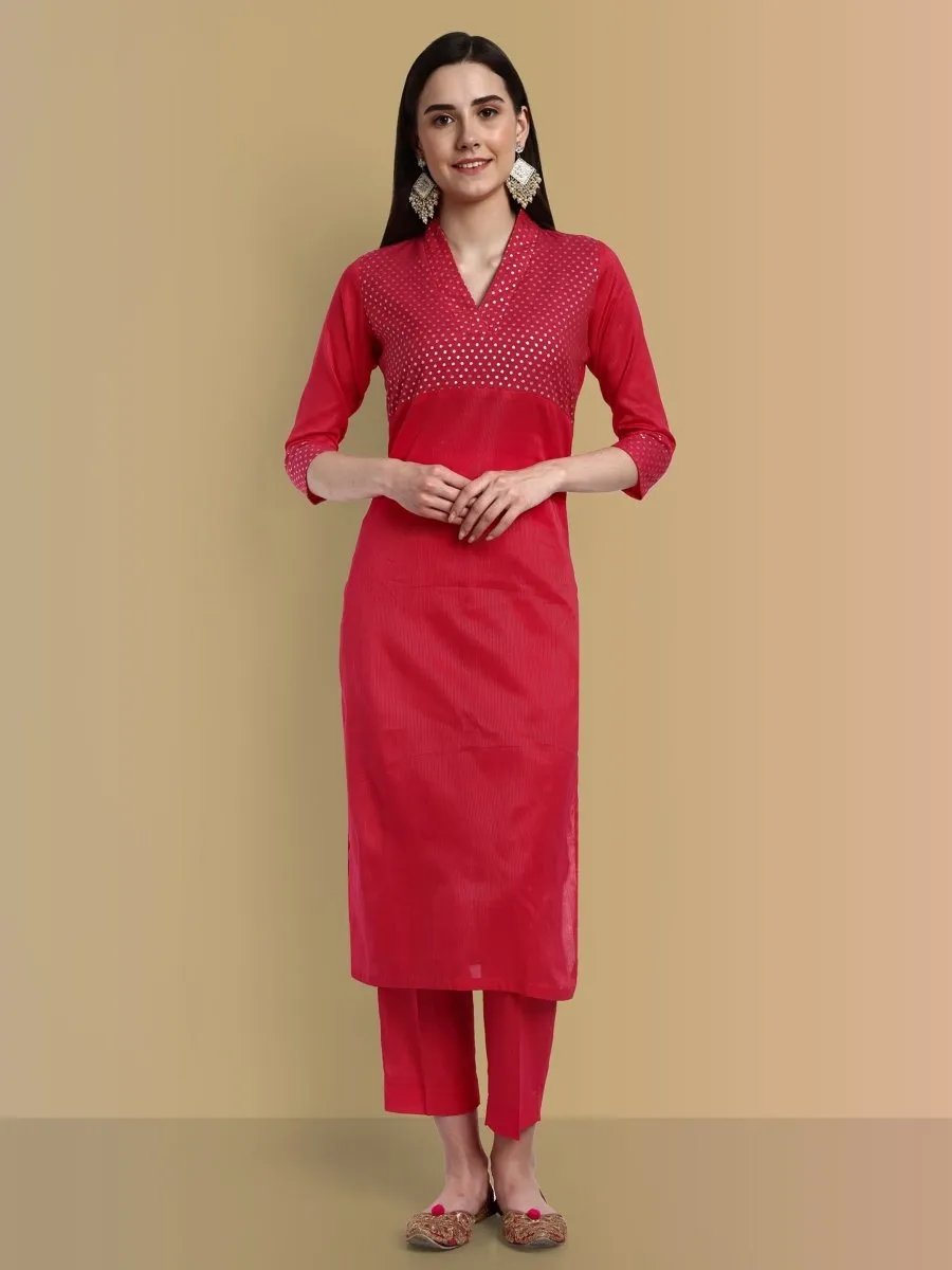 V-Neck Hot Pink Cotton Silk and Chanderi Kurta & Pant - Set of 2