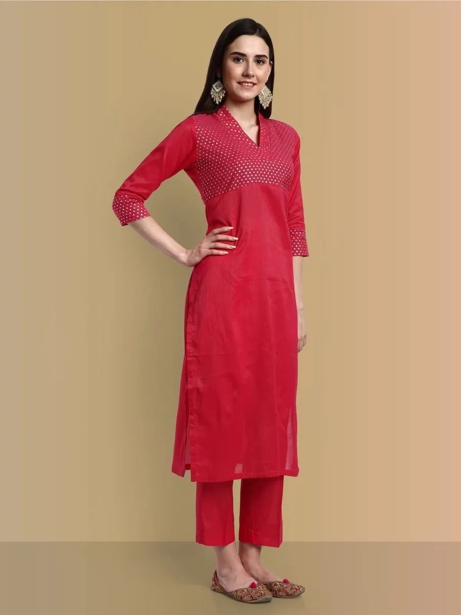 V-Neck Hot Pink Cotton Silk and Chanderi Kurta & Pant - Set of 2