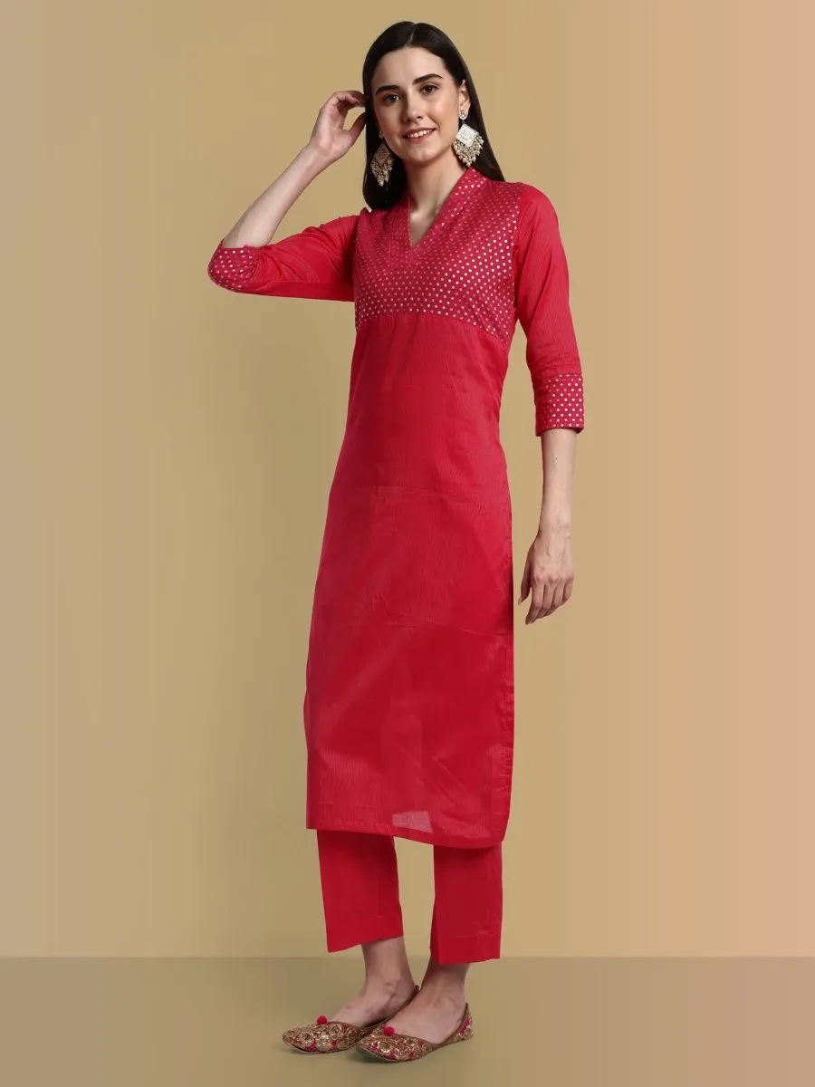 V-Neck Hot Pink Cotton Silk and Chanderi Kurta & Pant - Set of 2