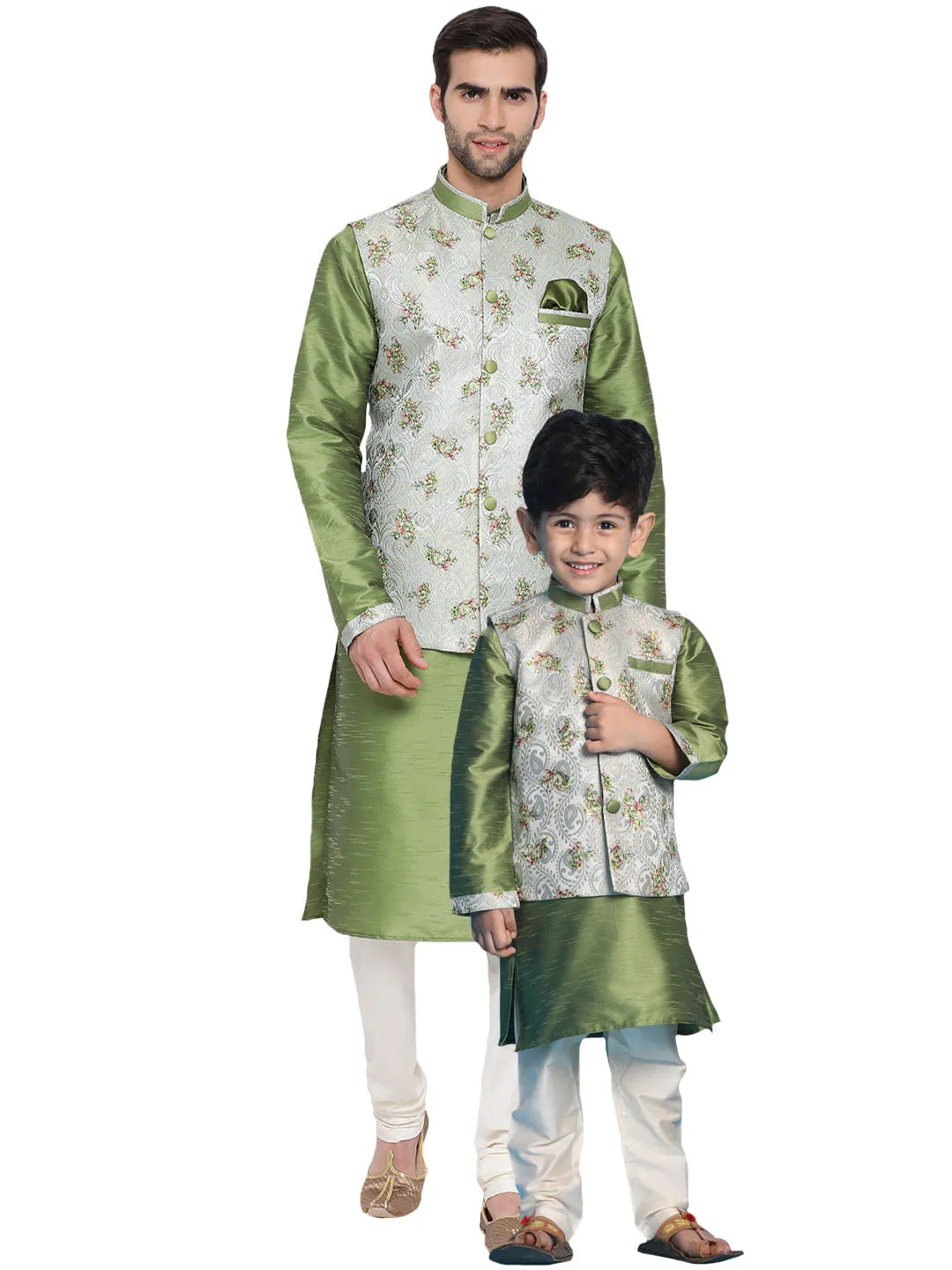 VASTRAMAY Baap Beta Silk Blend Green Jacket With Kurta Pyjama Set