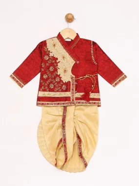 Vastramay Boy's Gold & Maroon Angrakha Kurta and Dhoti Set