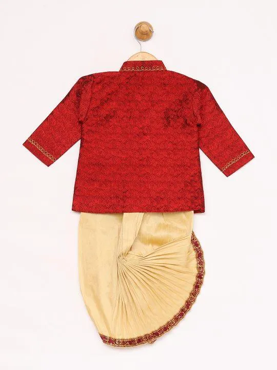 Vastramay Boy's Gold & Maroon Angrakha Kurta and Dhoti Set