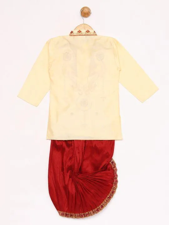 Vastramay Boy's Gold And Maroon Silk Blend Kurta and Dhoti Set