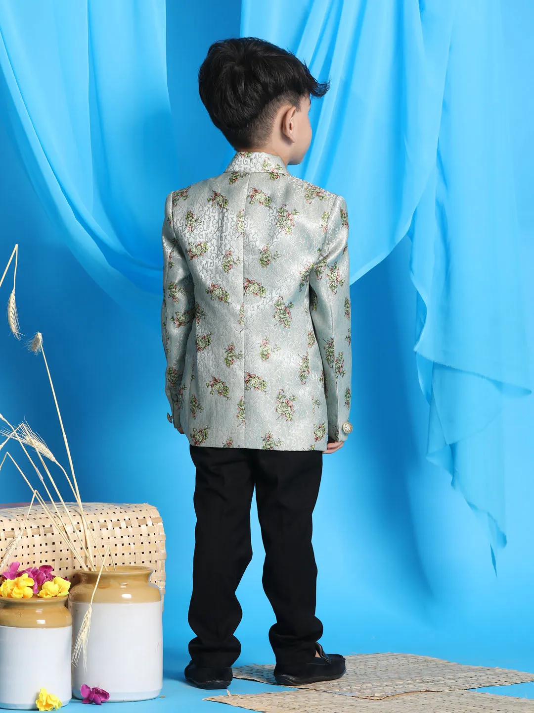 VASTRAMAY Boy's Light Green Woven Silk Blend Blazer