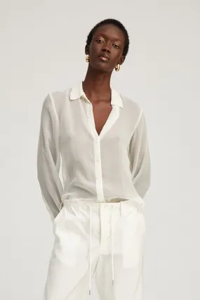 White Crinkle Chiffon Fitted Button Down